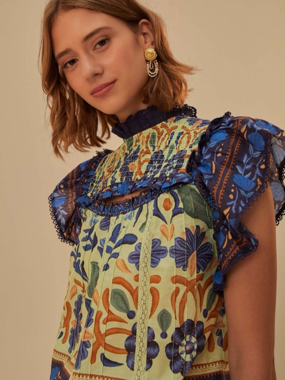 Farm Rio Green Ocean Tapestry Lace Blouse